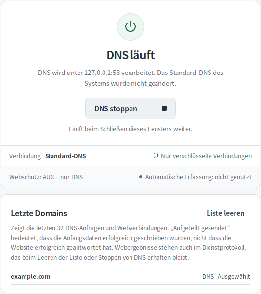 Letzte DNS-Abfragen — Mudfish DNS 0.1.3 (Linux)