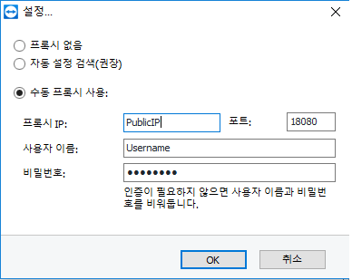 Manual proxy settings in Korean, with example values