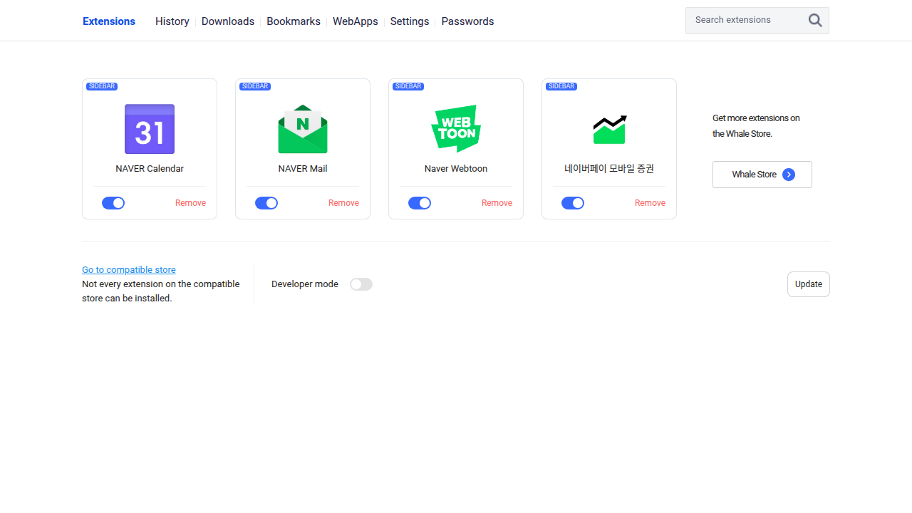Open Whale's extension management page