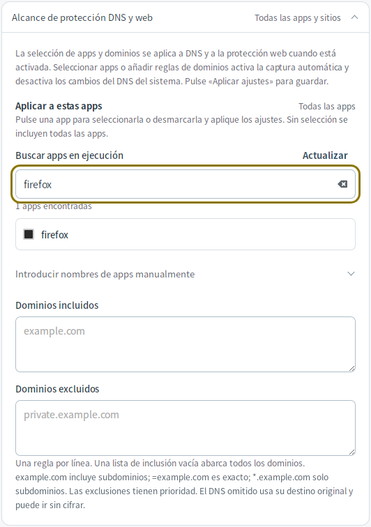 Ámbito de aplicaciones y dominios — Mudfish DNS 0.1.3 (Linux)