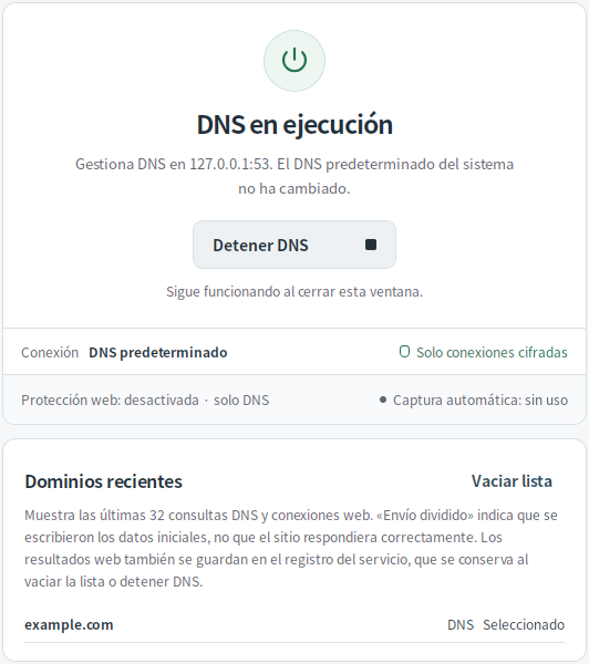 Consultas DNS recientes — Mudfish DNS 0.1.3 (Linux)