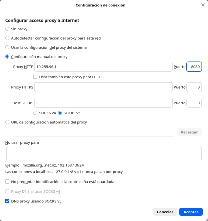 Configuración manual del proxy HTTP en Firefox