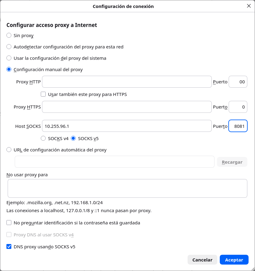 Configuración manual del servidor SOCKS en Firefox
