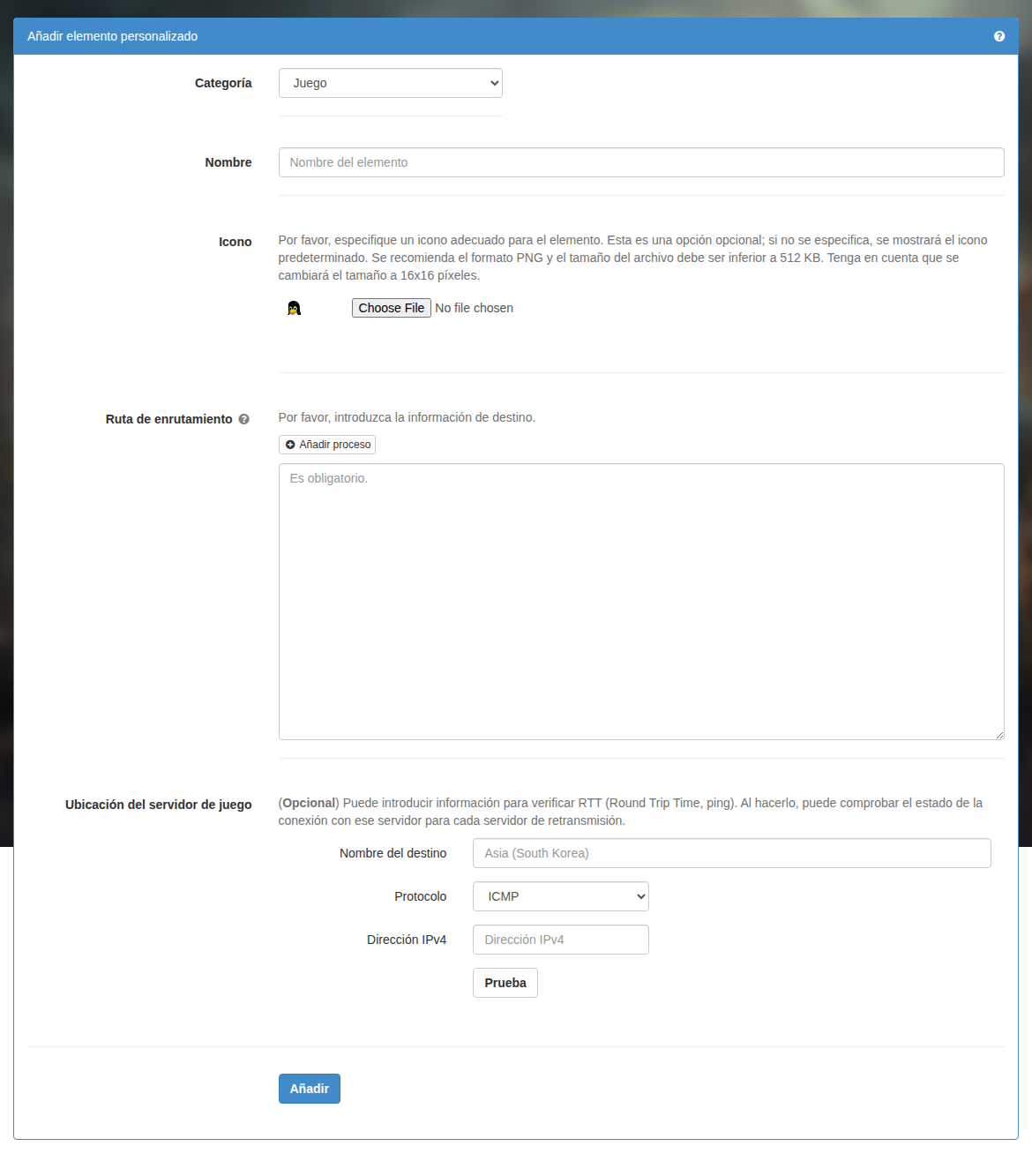 Formulario para crear un elemento personalizado