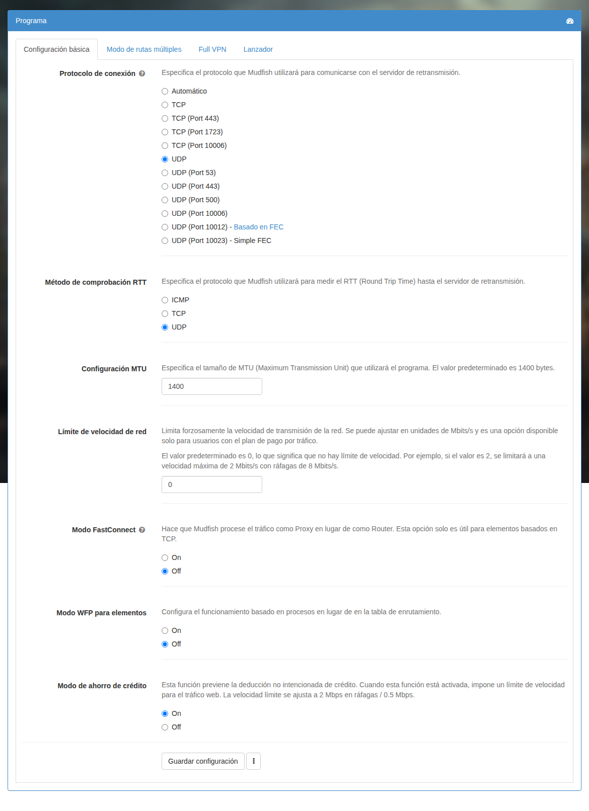 Configuración general del programa