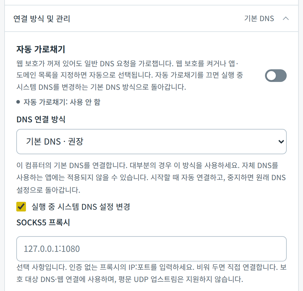 연결 방식 및 관리에서 자동 가로채기, DNS 연결 방식, 시스템 DNS 설정 변경, SOCKS5 프록시를 표시한 화면.