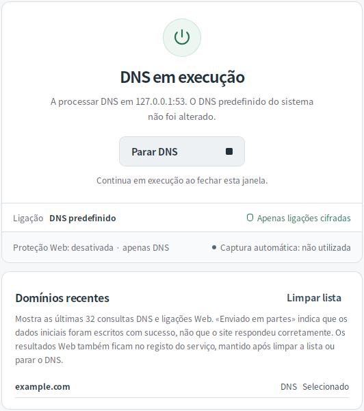 Consultas DNS recentes — Mudfish DNS 0.1.3 (Linux)