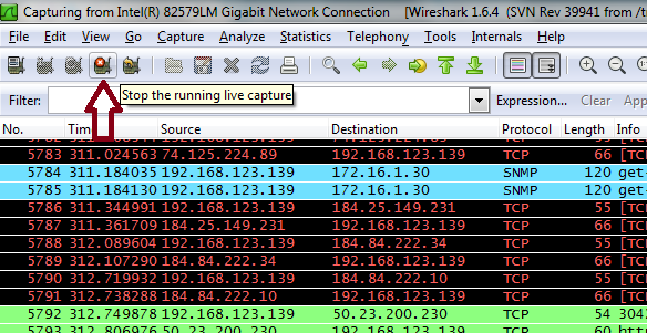 Oprirea capturii în Wireshark