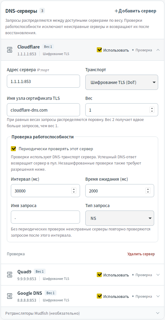Настройки DNS-серверов — Mudfish DNS 0.1.3 (Linux)